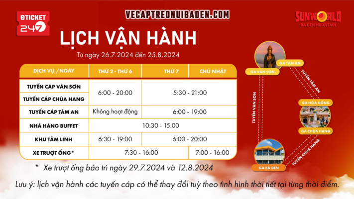 Lịch vận hành, giờ hoạt động cáp treo núi Bà Đen